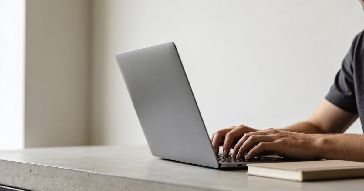 A tidy workspace belonging to a freelance SEO specialist, with hands on the keyboard
