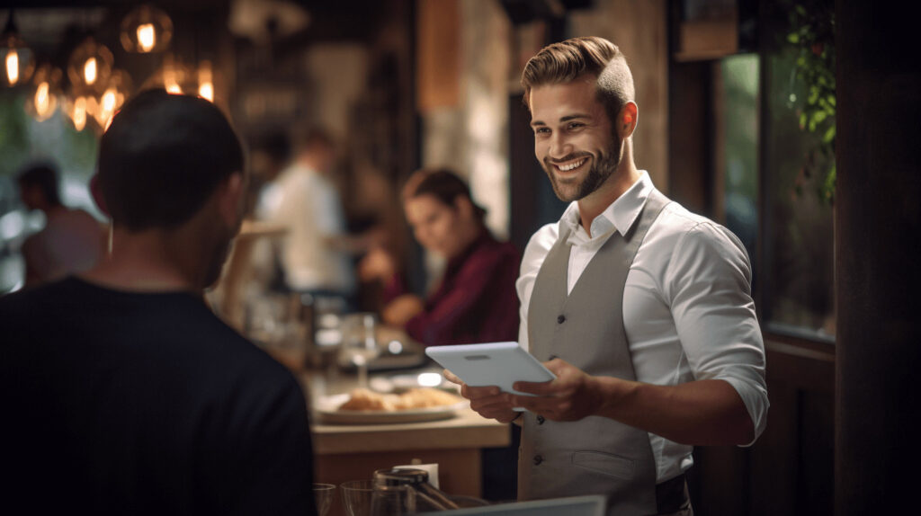 Ein Kellner nimmt die Bestellung eines Kunden in einem Restaurant auf