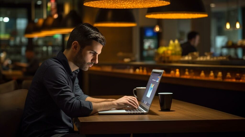 Ein Restaurantleiter, der sich die Website-Analysen auf einem Laptop ansieht
