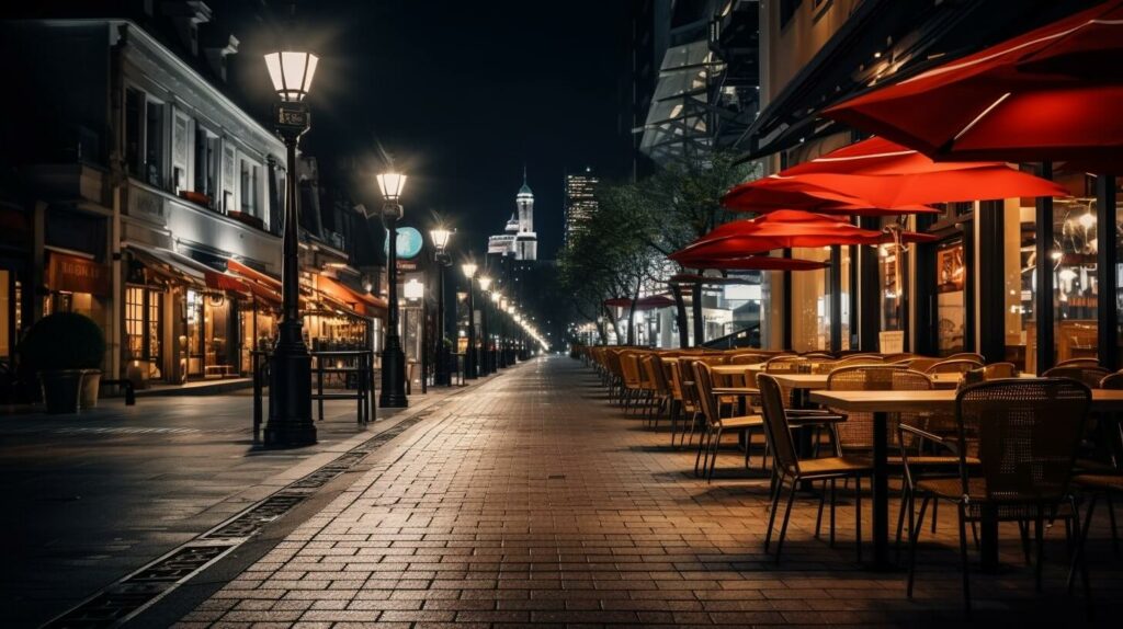 Ein Stadtbild mit nachts beleuchteten Restaurants