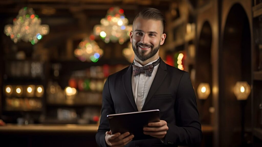 Ein Kellner hält ein Tablet mit Restaurantkritiken und -bewertungen hoch