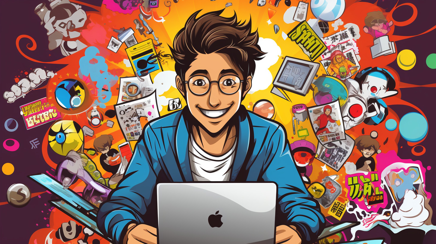 Ein Cartoon-Mann sitzt vor einem Laptop, umgeben von Cartoon-Figuren.